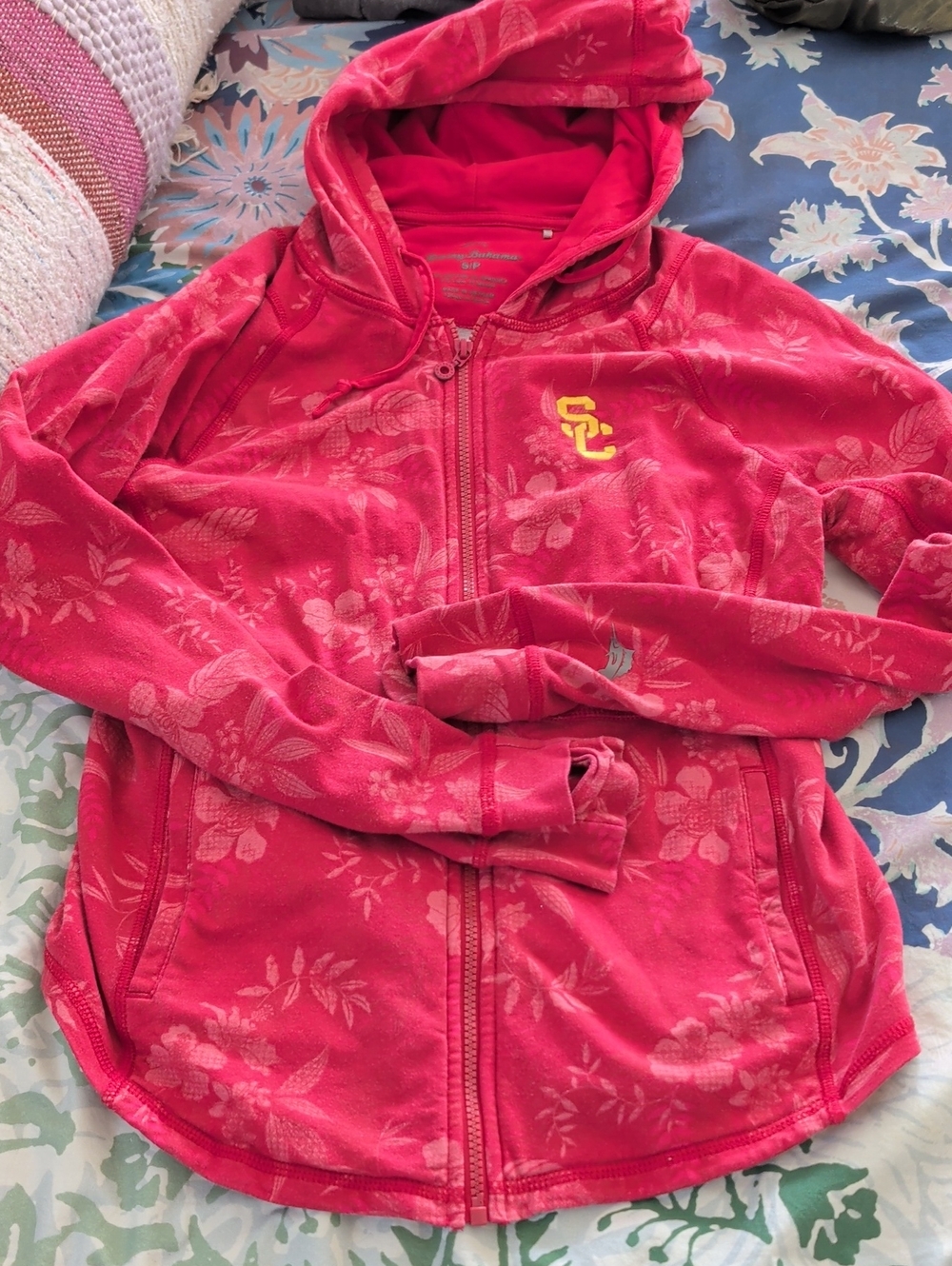 Tommy Bahama Pink Floral Zip Hoodie with Yellow USC Logo